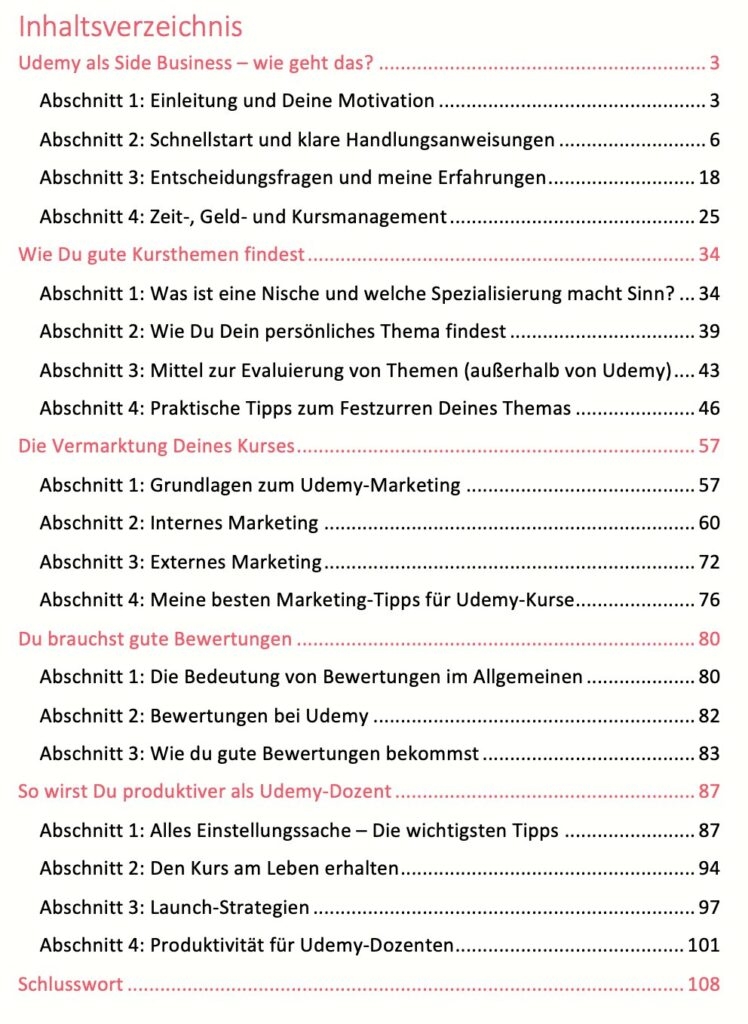 Das Udemy E-Book – Coach werden by Sebastian Gloeckner- Inhaltsverzeichnis.