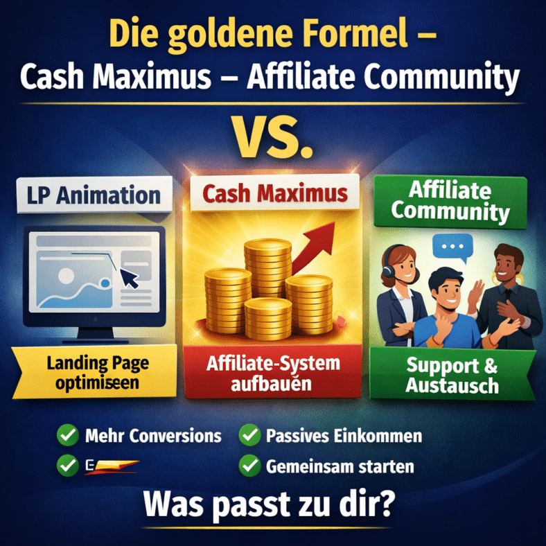 Vergleich: Die goldene Formel – LP Animation vs. Cash Maximus vs. Die Affiliate Community 2 Vergleich Die goldene Formel LP Animation vs Cash Maximus vs Affiliate Community – Landingpage Optimierung, Affiliate Marketing System und Community Coaching im Überblick